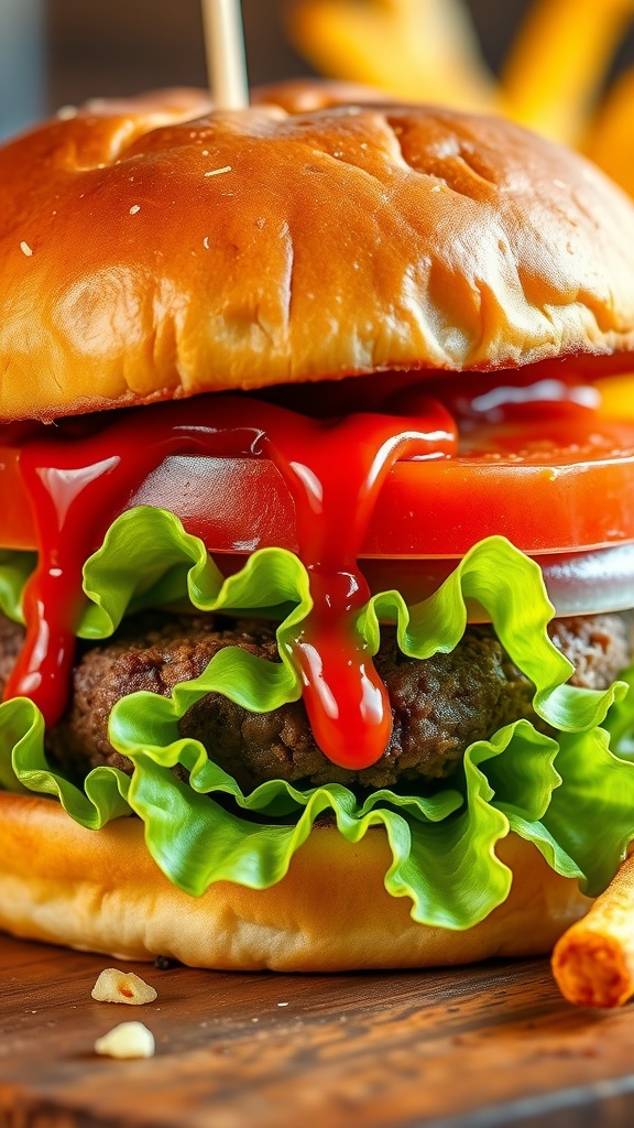 Crispy and Juicy Burger Snap Recipe A juicy burger with lettuce and tomato in a toasted bun, served with fries.